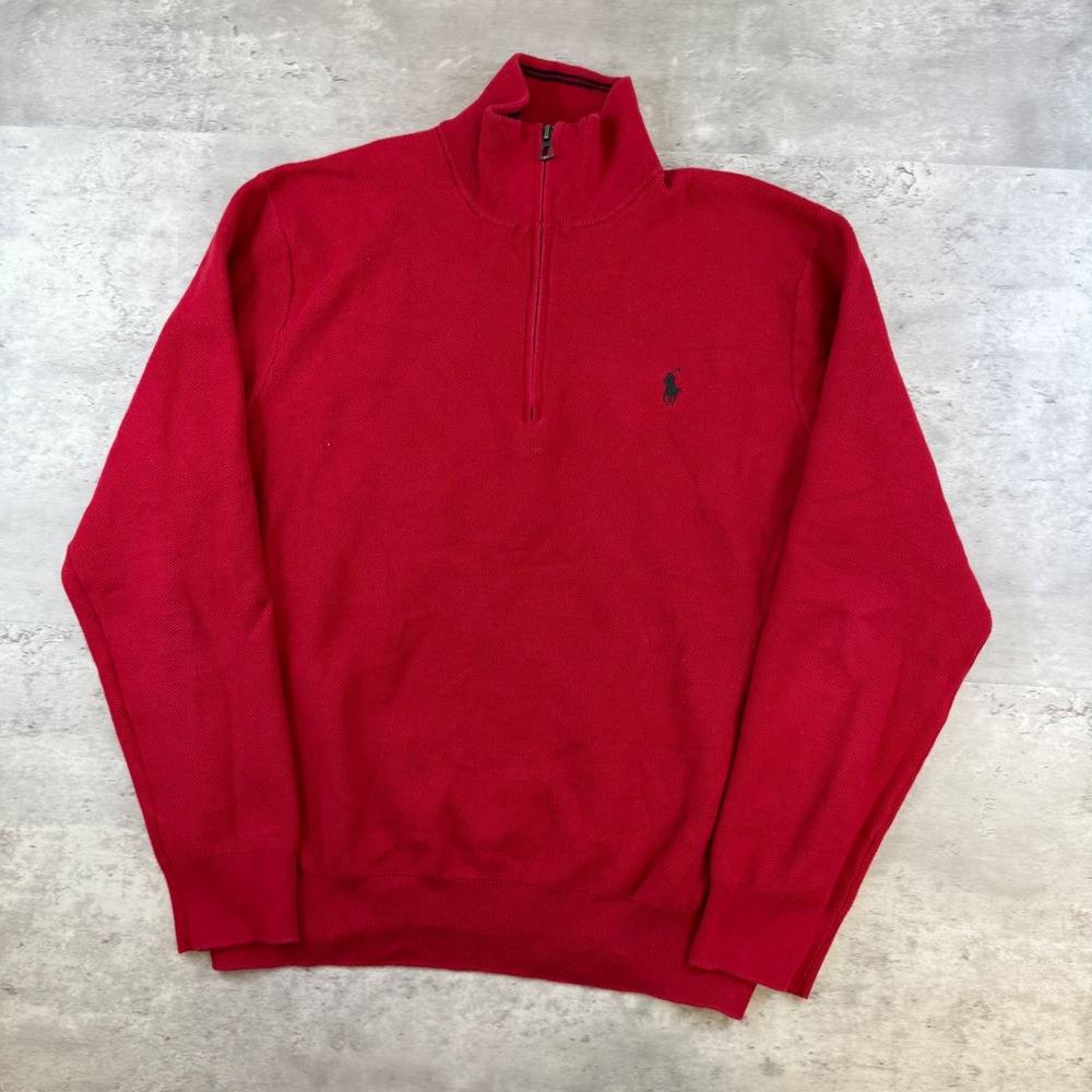 Polo Ralph Lauren Mens‎ XL Red Cotton Waffle Knit Quarter Zip Pullover Sweater